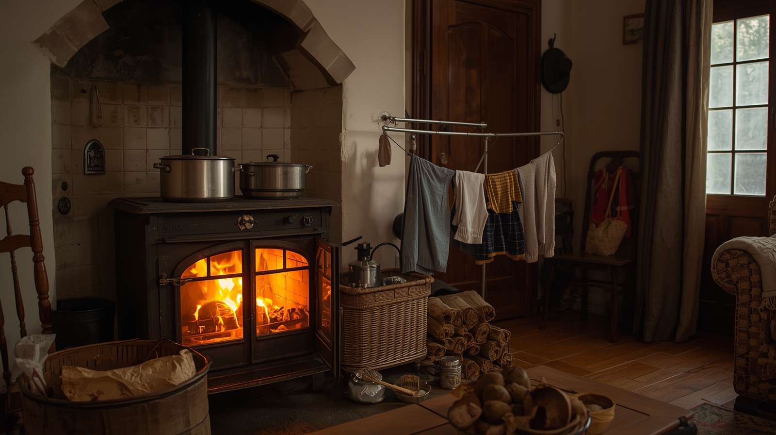 薪ストーブの上に鍋が置かれ、煮込み料理やお湯が温められている様子。
