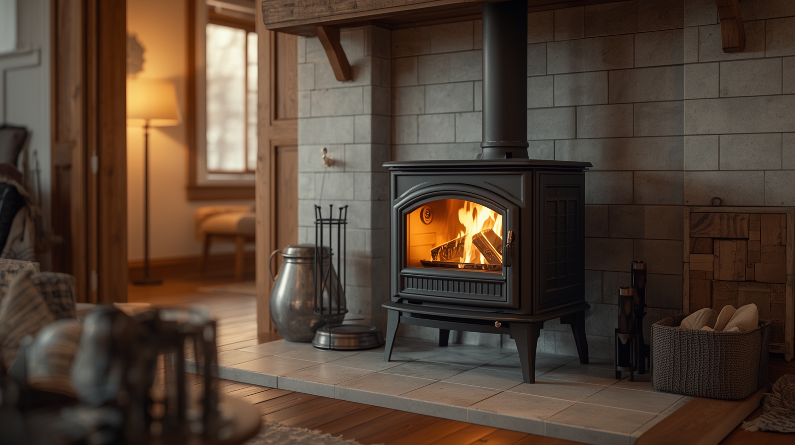 冬のリビング。黒い薪ストーブが静かに燃えており、暖かな火の光が部屋を照らしている。
