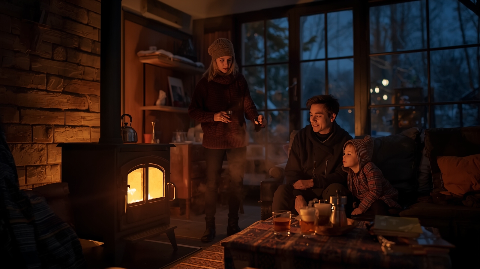 冬の夜、停電した室内で薪ストーブの火が優しく部屋を照らしている様子。