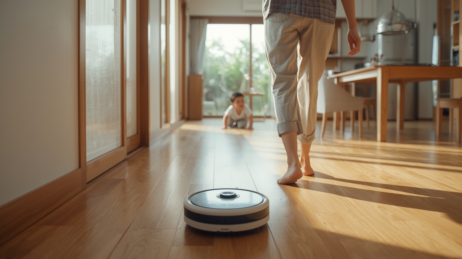 明るい日本のLDKで、木の床をロボット掃除機が掃除し、素足の親とハイハイする赤ちゃんが安心して過ごしている様子