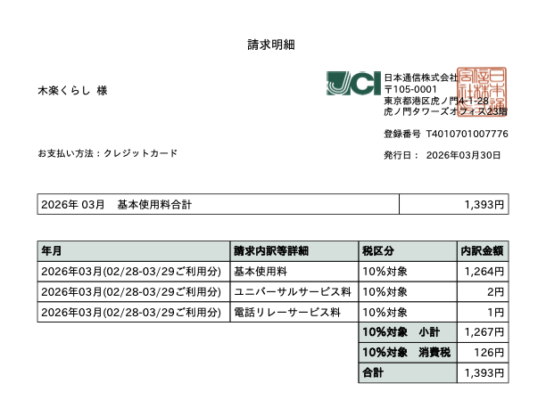 日本通信SIMの実際の請求明細（2026年3月・合計1,393円）