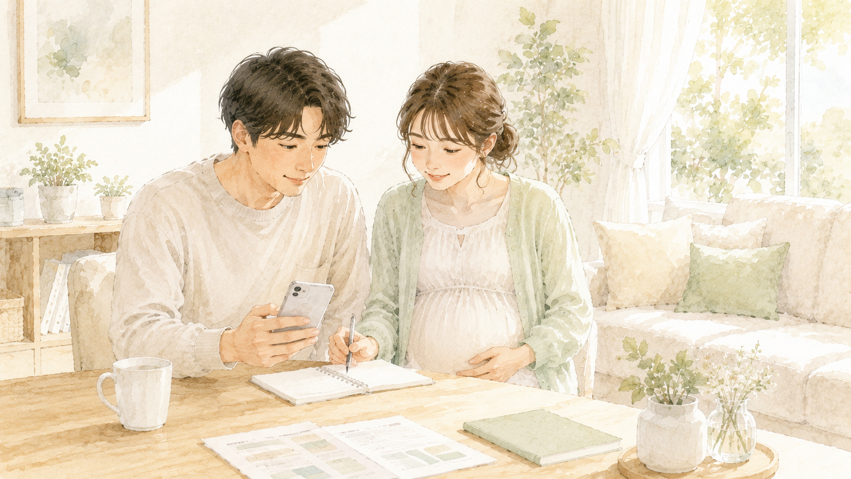 産休を前に夫婦でふるさと納税の計画を相談するイラスト