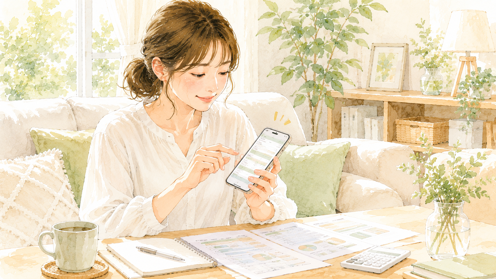 スマホでふるさと納税シミュレーターを確認する女性のイラスト