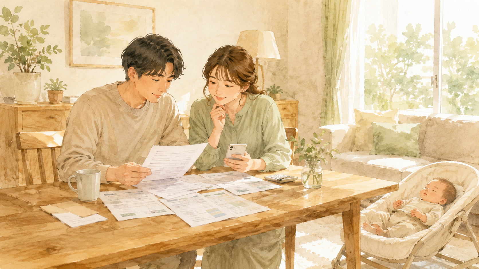 育休前に書類を確認する夫婦と赤ちゃん