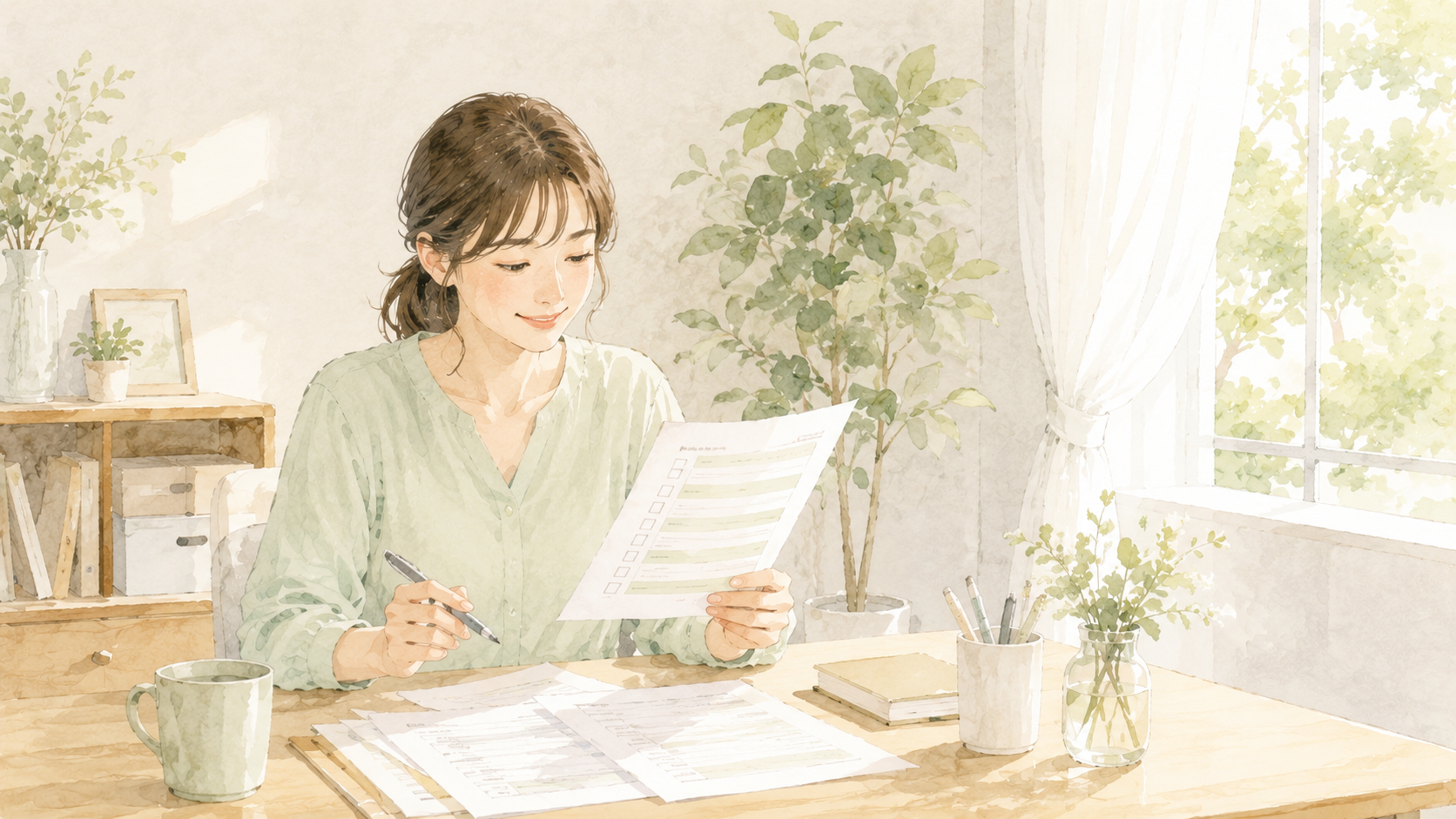 育休申請の書類を確認する女性