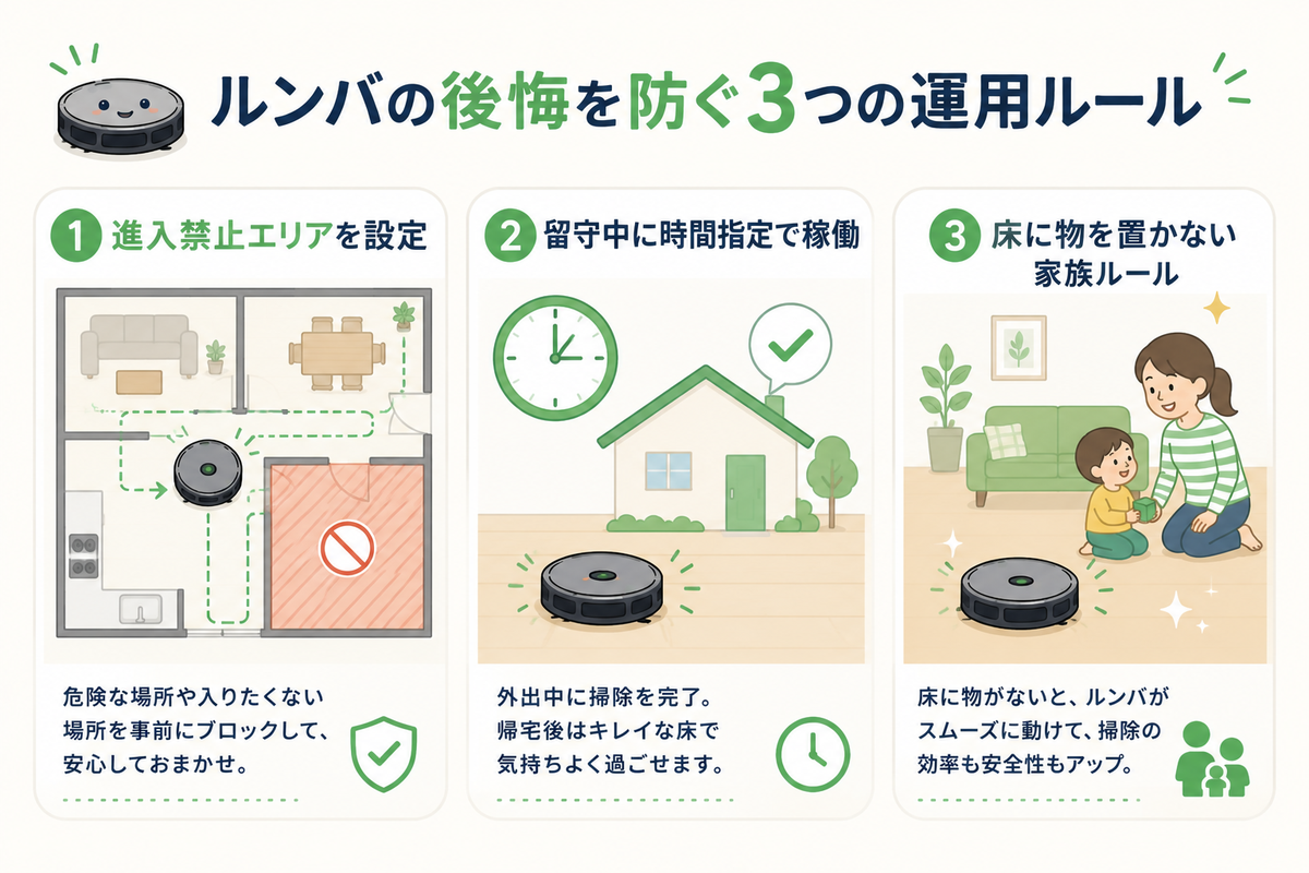 ルンバの後悔を防ぐ3つの運用ルール（進入禁止エリア設定・留守中の時間指定稼働・床に物を置かない家族ルール）の図解