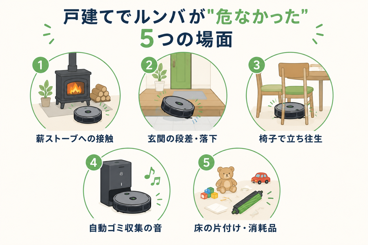 戸建てでルンバが後悔しかけた5つの場面（薪ストーブ・玄関の段差・ダイニングチェア・自動ゴミ収集の音・床の片付けと消耗品）の図解