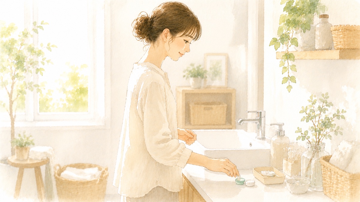 洗面台でコンタクトレンズをつける朝の身支度の様子