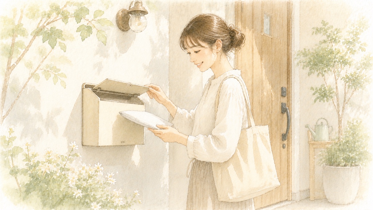 玄関のポストに届いたコンタクトレンズを受け取る様子