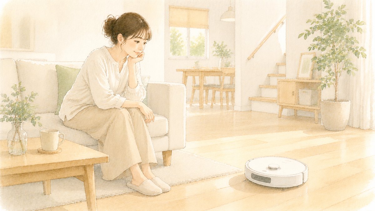 戸建てのリビングでロボット掃除機を眺め、購入を迷う30代女性の水彩イラスト