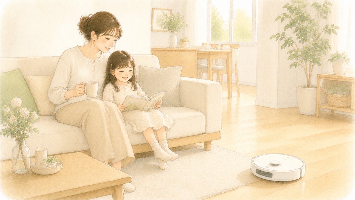ロボット掃除機が床を掃除する横で、女の子とソファでくつろぐ30代女性の水彩イラスト