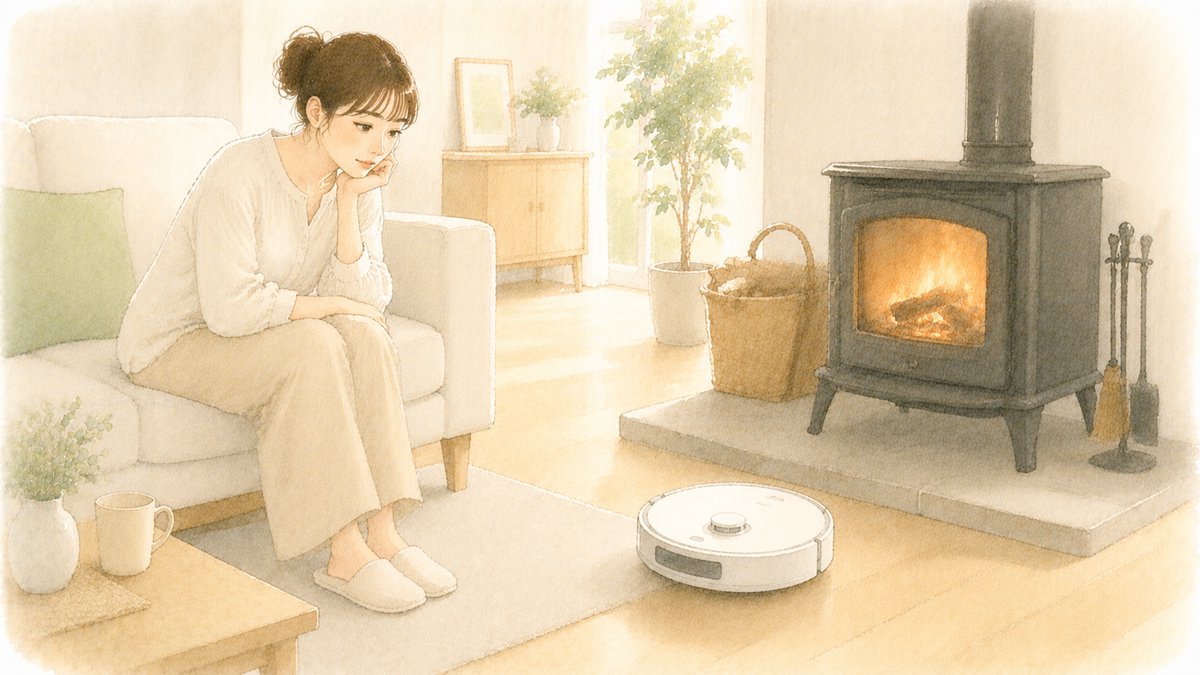 薪ストーブのある戸建てのリビングで、薪ストーブに近づくロボット掃除機を見守る30代女性の水彩イラスト