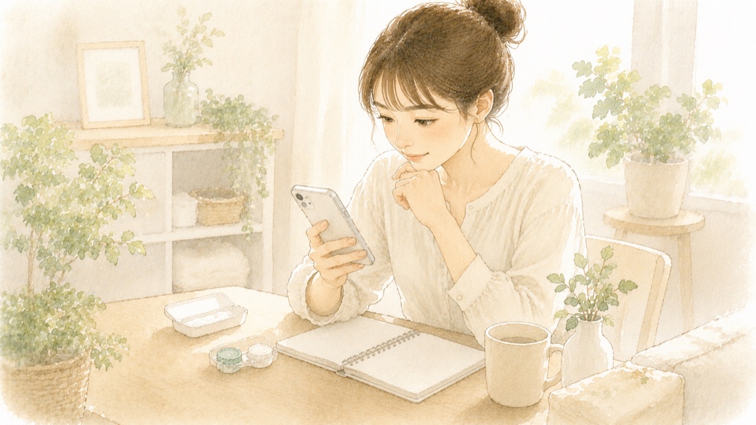 スマホとノートでコンタクトレンズの料金を見比べる女性
