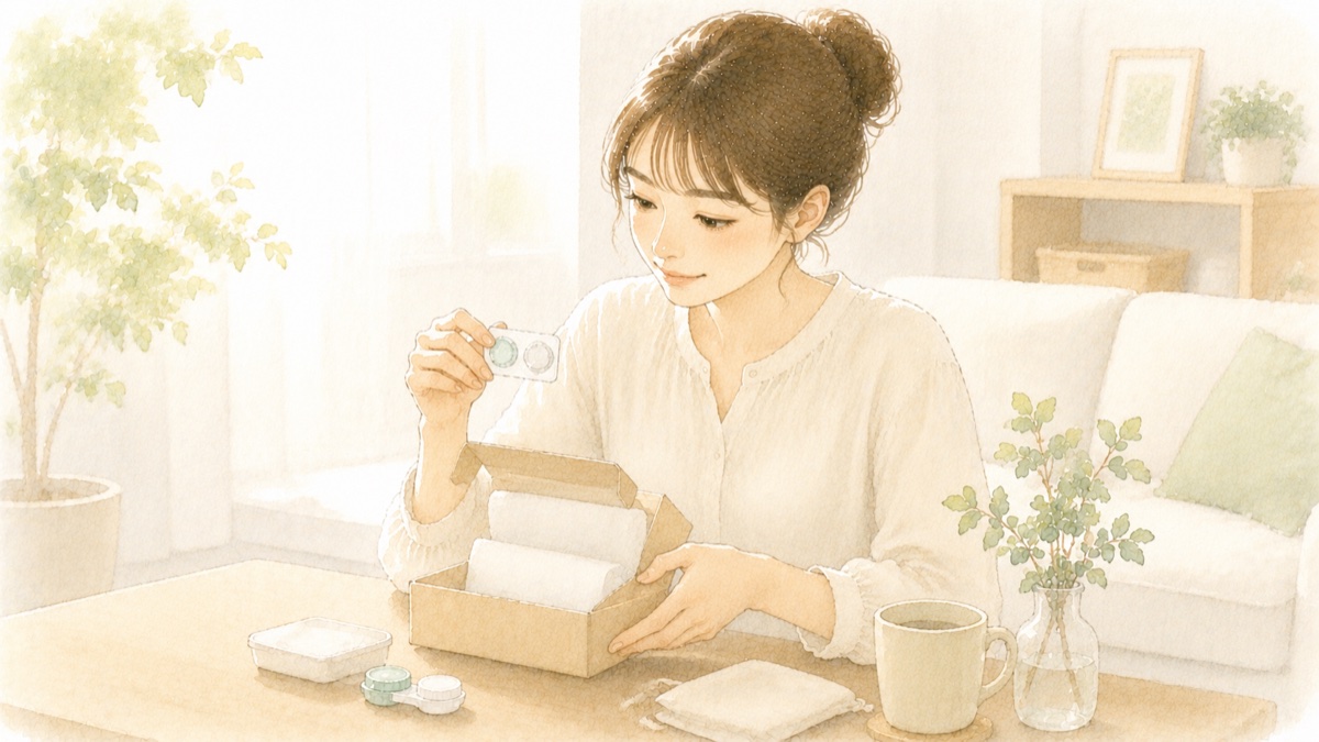 届いたコンタクトレンズのお試しセットを開封する女性