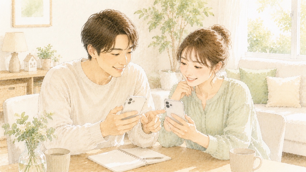 2台のスマホを見比べて乗り換えを検討する夫婦のイラスト