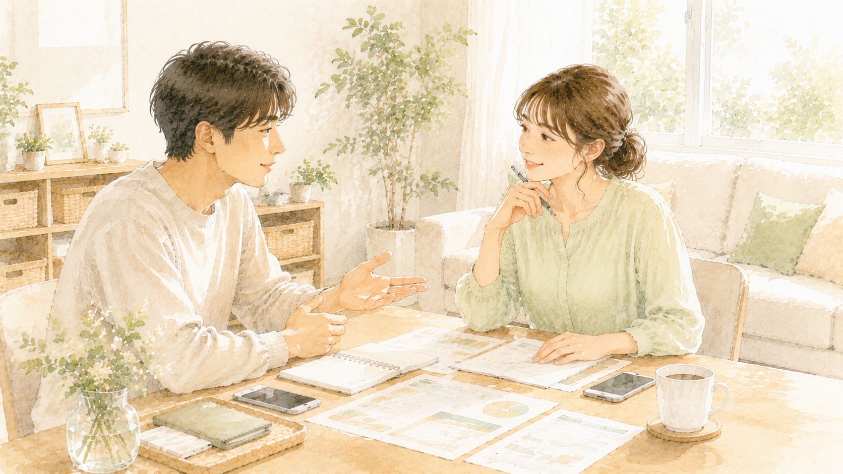 夫婦でお小遣い・ボーナスの見直しを話し合うシーン