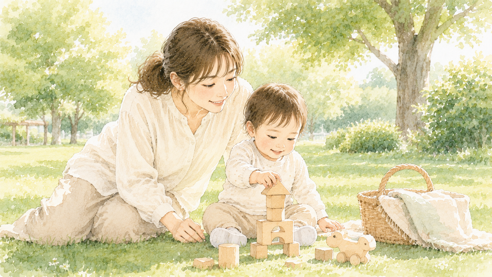 育休中でも削らなかった支出:公園で子どもと遊ぶ母親のイラスト