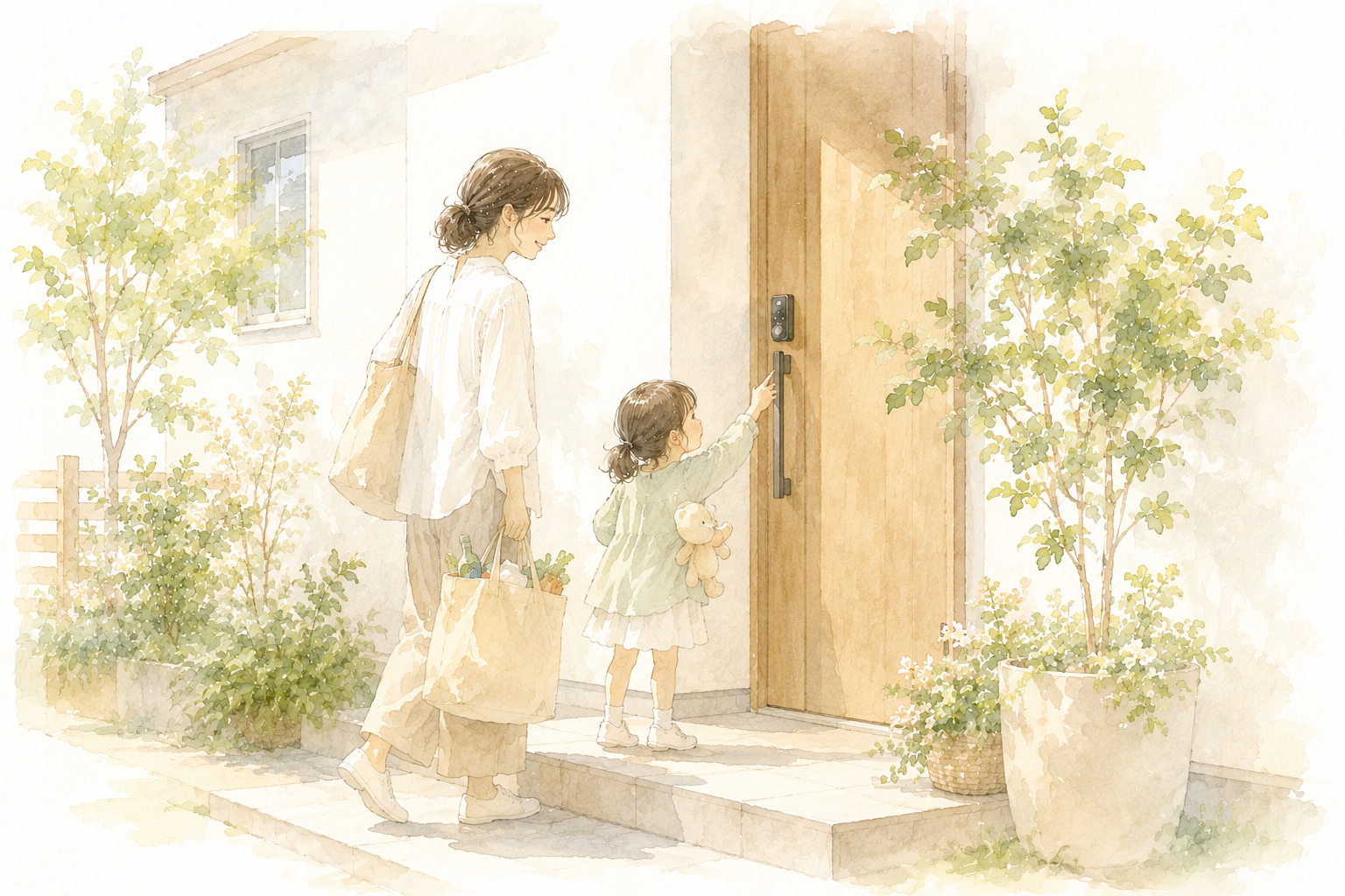 買い物帰りに子どもと玄関のスマートロックを開ける親子の水彩イラスト