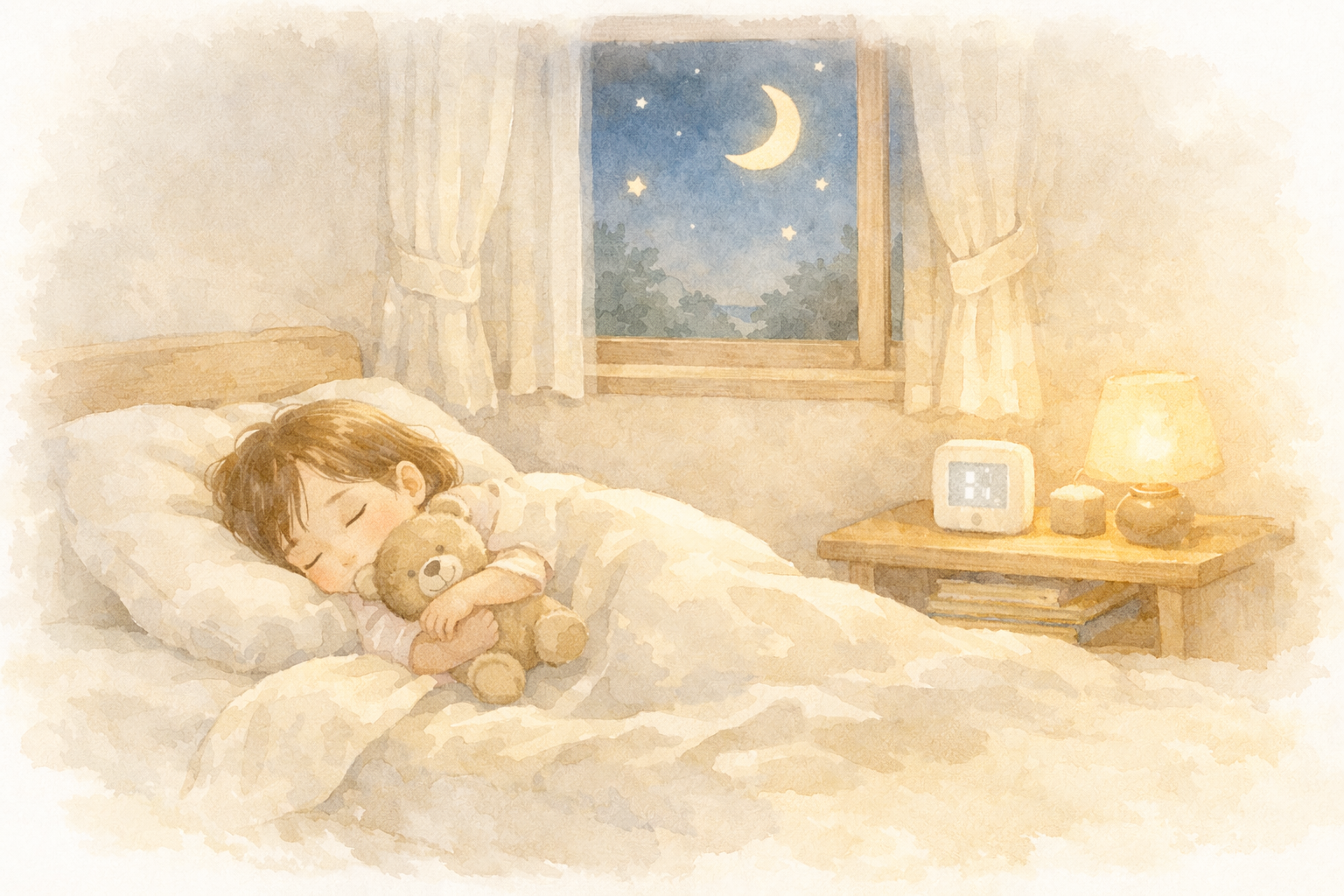 寝室で眠る子どもと枕元の温湿度計の水彩イラスト