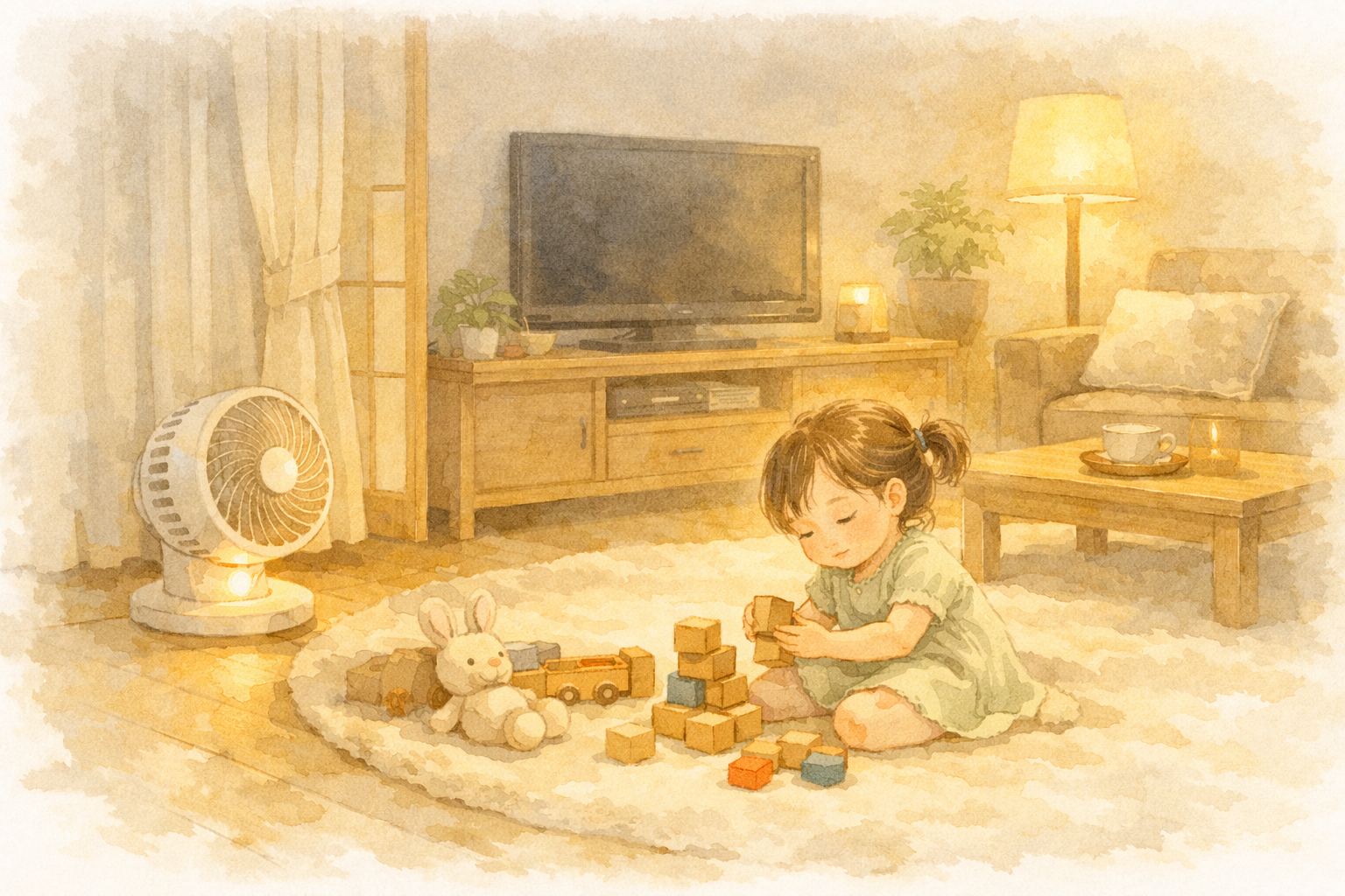 夜のリビングでサーキュレーターのそばで遊ぶ子どもの水彩イラスト