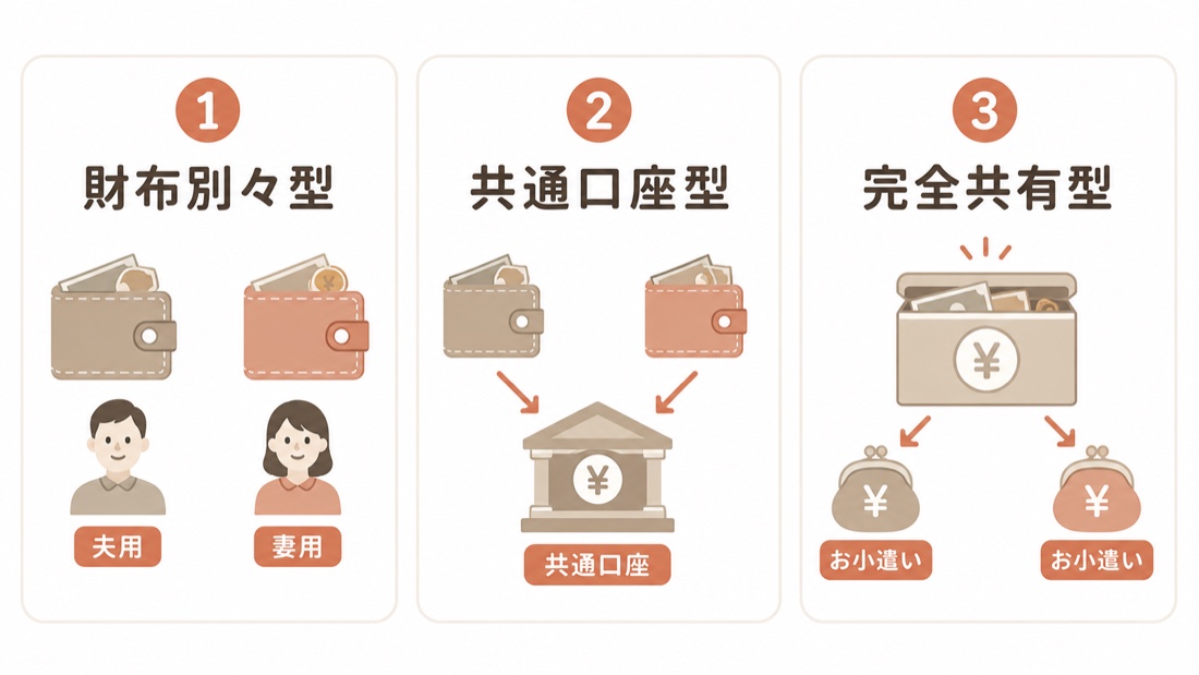 財布別々型・共通口座型・完全共有型の3タイプを比較した図解