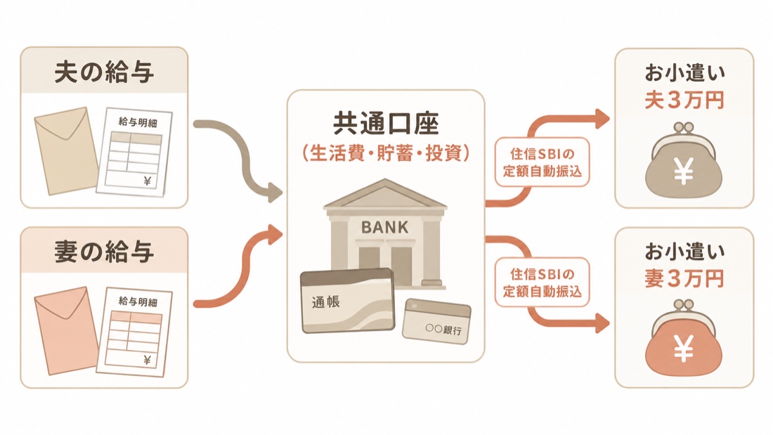 完全共有制のお金の流れ図（夫婦の給与を共通口座に集めお小遣いを各3万円振り分ける）