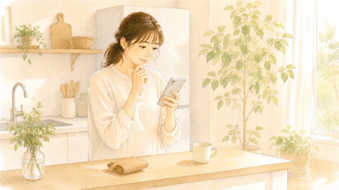 キッチンでスマートフォンの家計簿アプリを見る30代女性