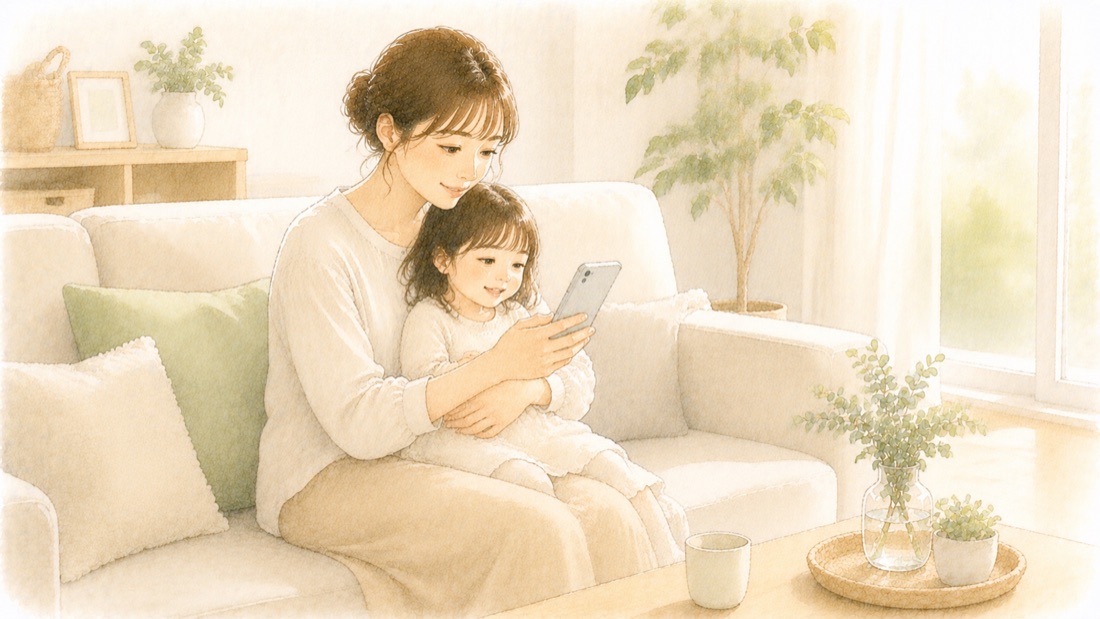 ソファで女の子を抱きスマートフォンで家計を確認する母親