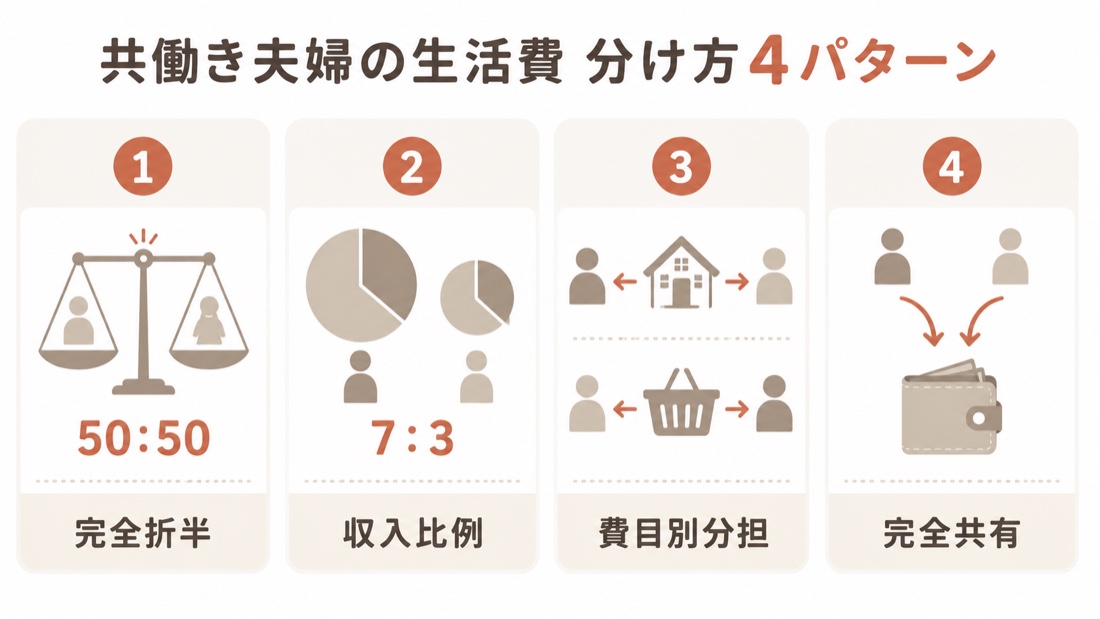 共働き夫婦の生活費の分け方4パターン(完全折半・収入比例・費目別分担・完全共有)を示す図解