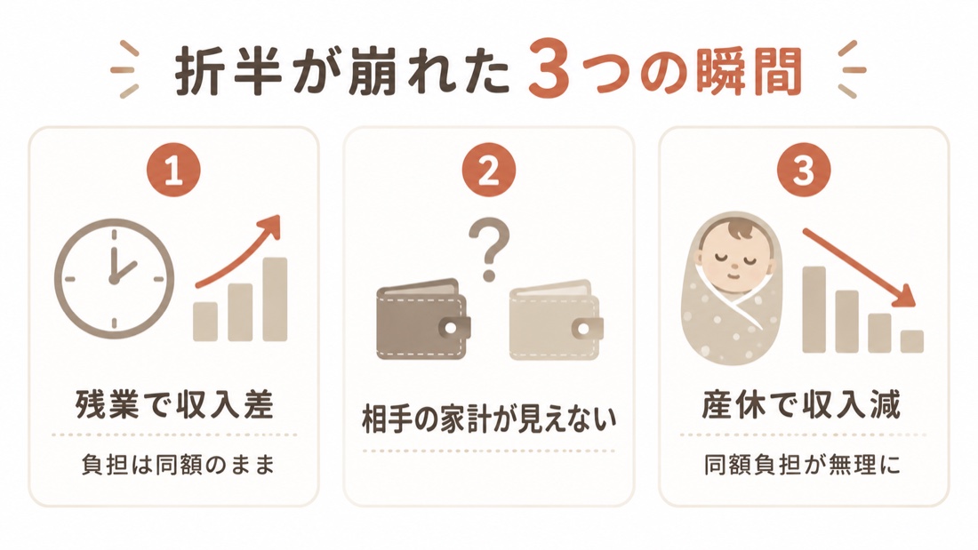 完全折半が崩れた3つの瞬間(残業での収入差・相手の家計が見えない・産休での収入減)を示す図解