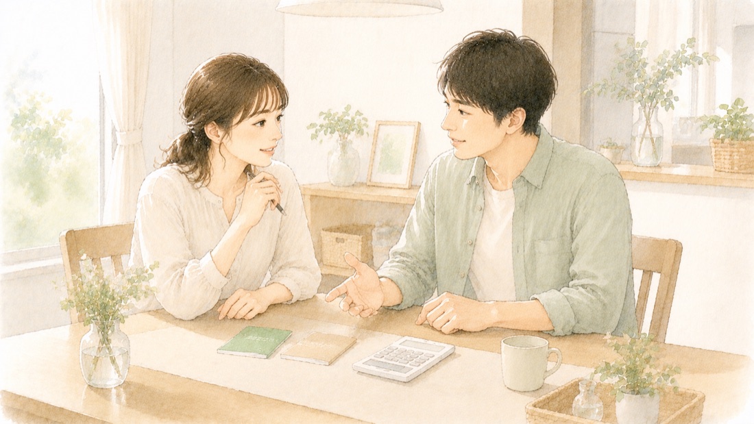 ダイニングテーブルで通帳と電卓を見ながら生活費について話し合う夫婦