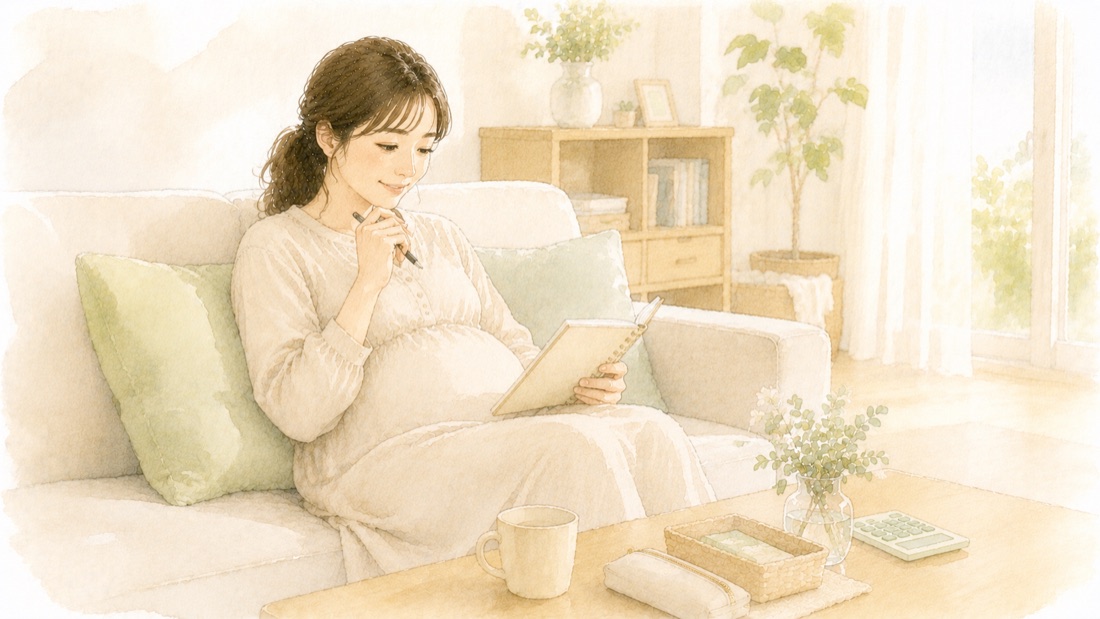 ソファで家計ノートを見ながら生活費を考える妊娠中の女性