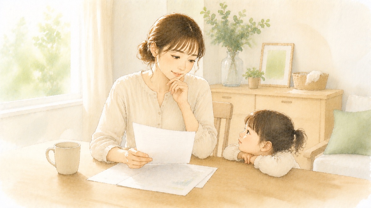 通知書を確認する母親と子どものイラスト