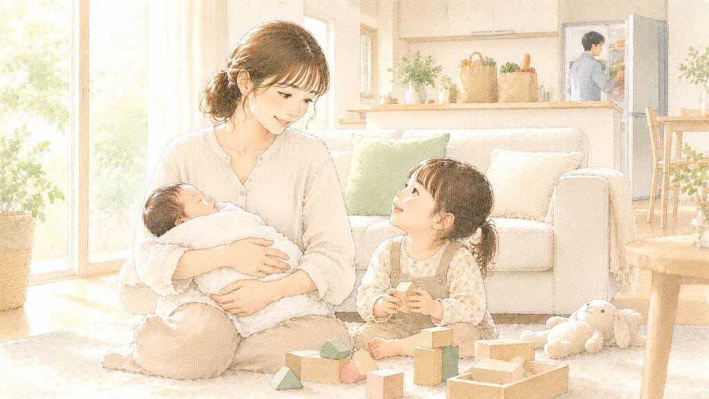 週末のリビングで赤ちゃんを抱く女性と、つみきで遊ぶ女の子。奥のキッチンでは届いた食料品を夫が冷蔵庫にしまっている