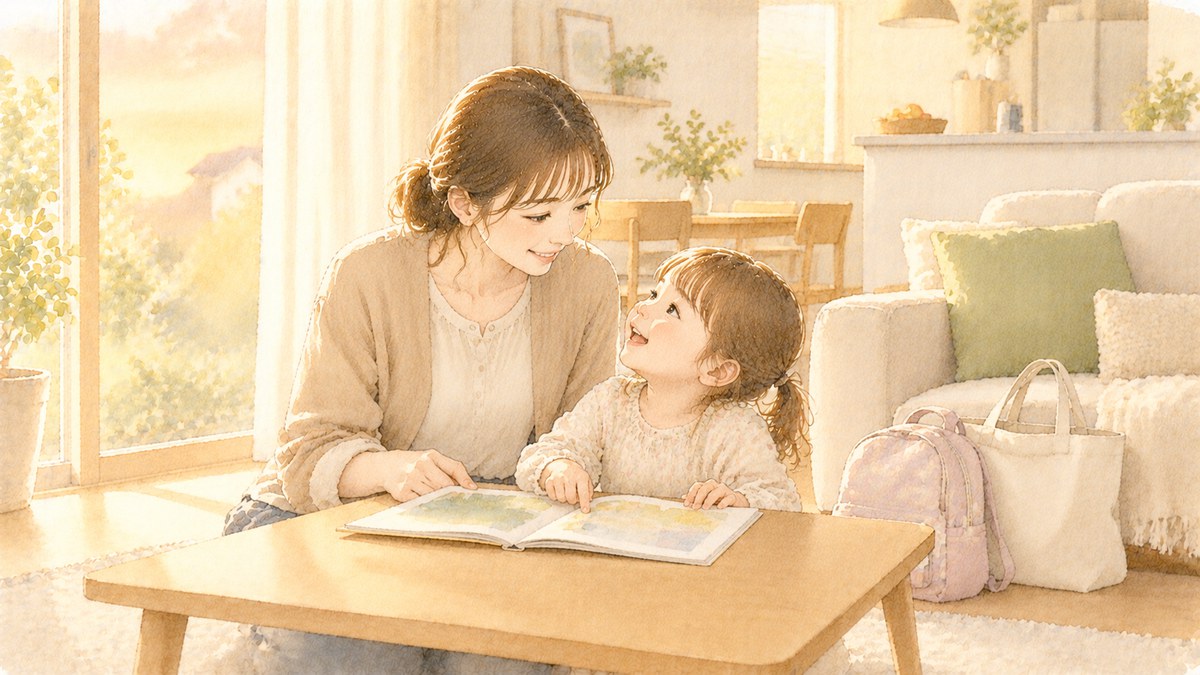 平日の夕方、保育園から帰った女の子がローテーブルで絵本を指さし、母親がとなりでのぞきこんでいる水彩イラスト